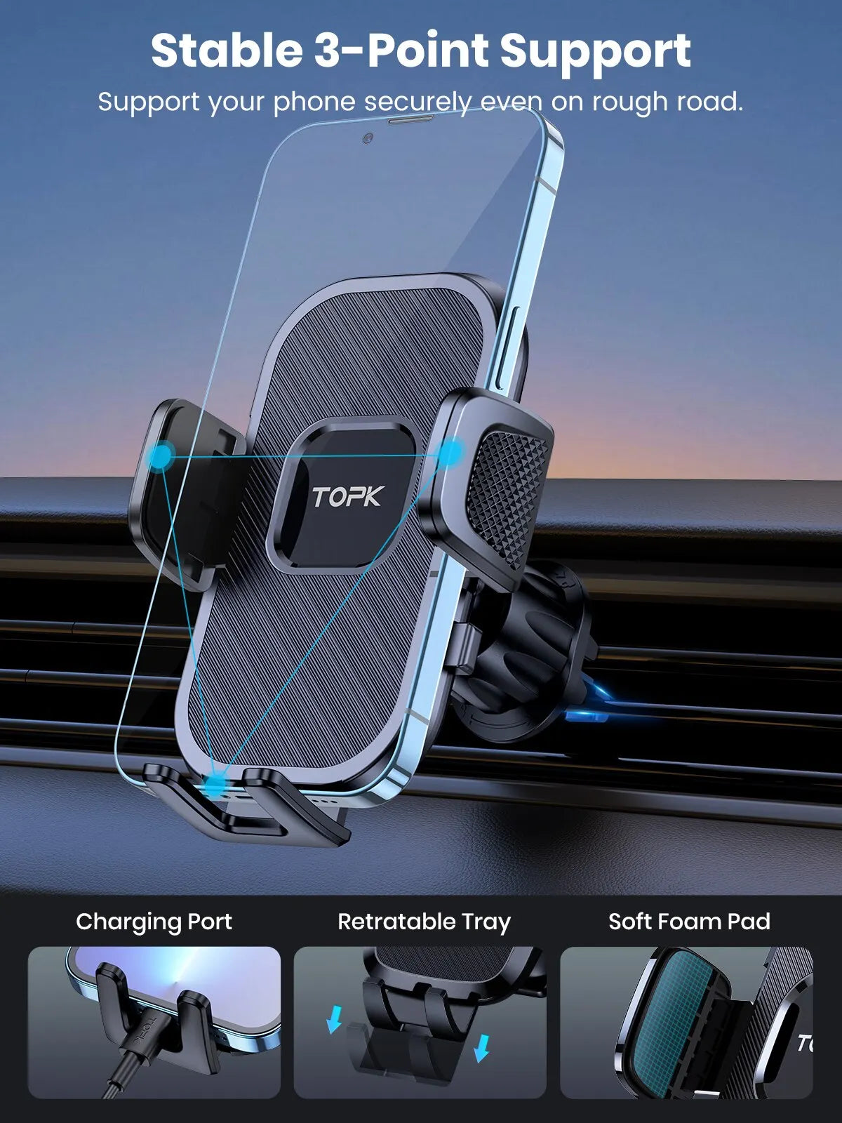 TOPK Car Phone Holder | Gravity Stand Dashboard, Windshield & Air Vent