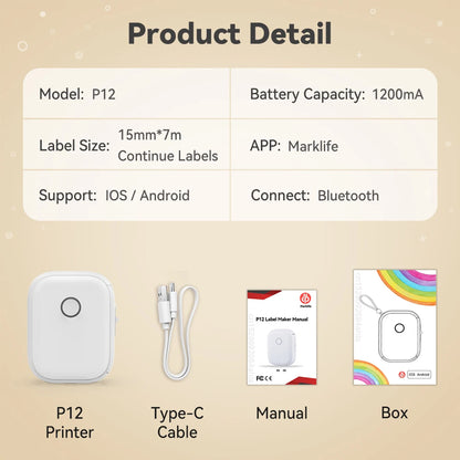 Portable Mini Thermal Label Printer | Marklife P12 Sticker Maker
