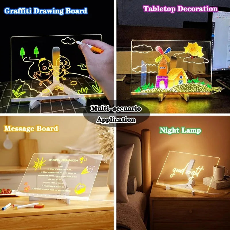 LED Drawing Board for Kids Magic Light Blackboard with Night Lamp Reusable Acrylic Message Doodle Toy Art Montessori Kids Gift